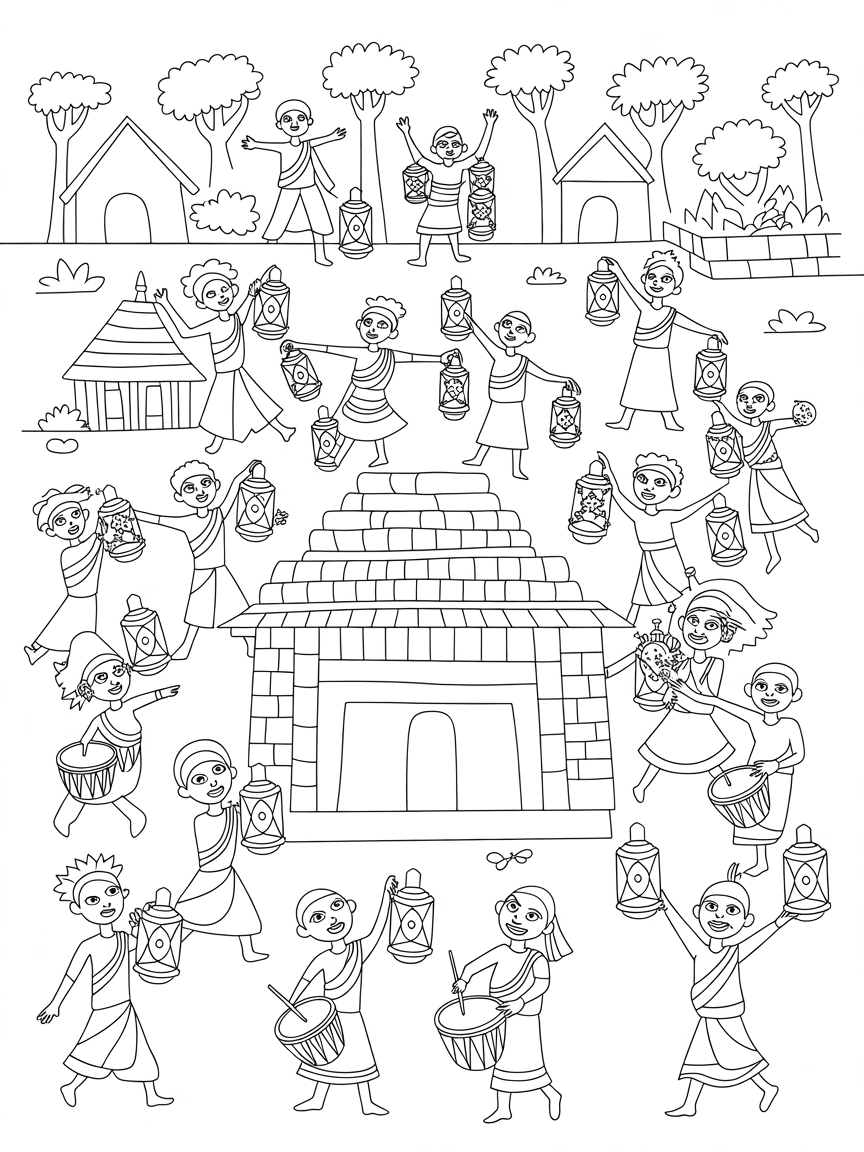 Warli temple festival with glowing lanterns and music - Free Coloring Page