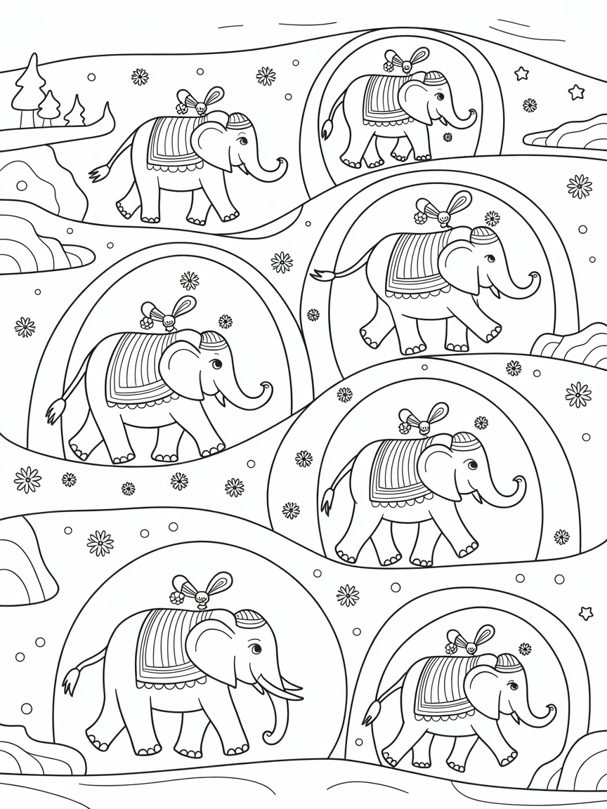 Gond elephants parading through enchanting tunnels - Free Coloring Page