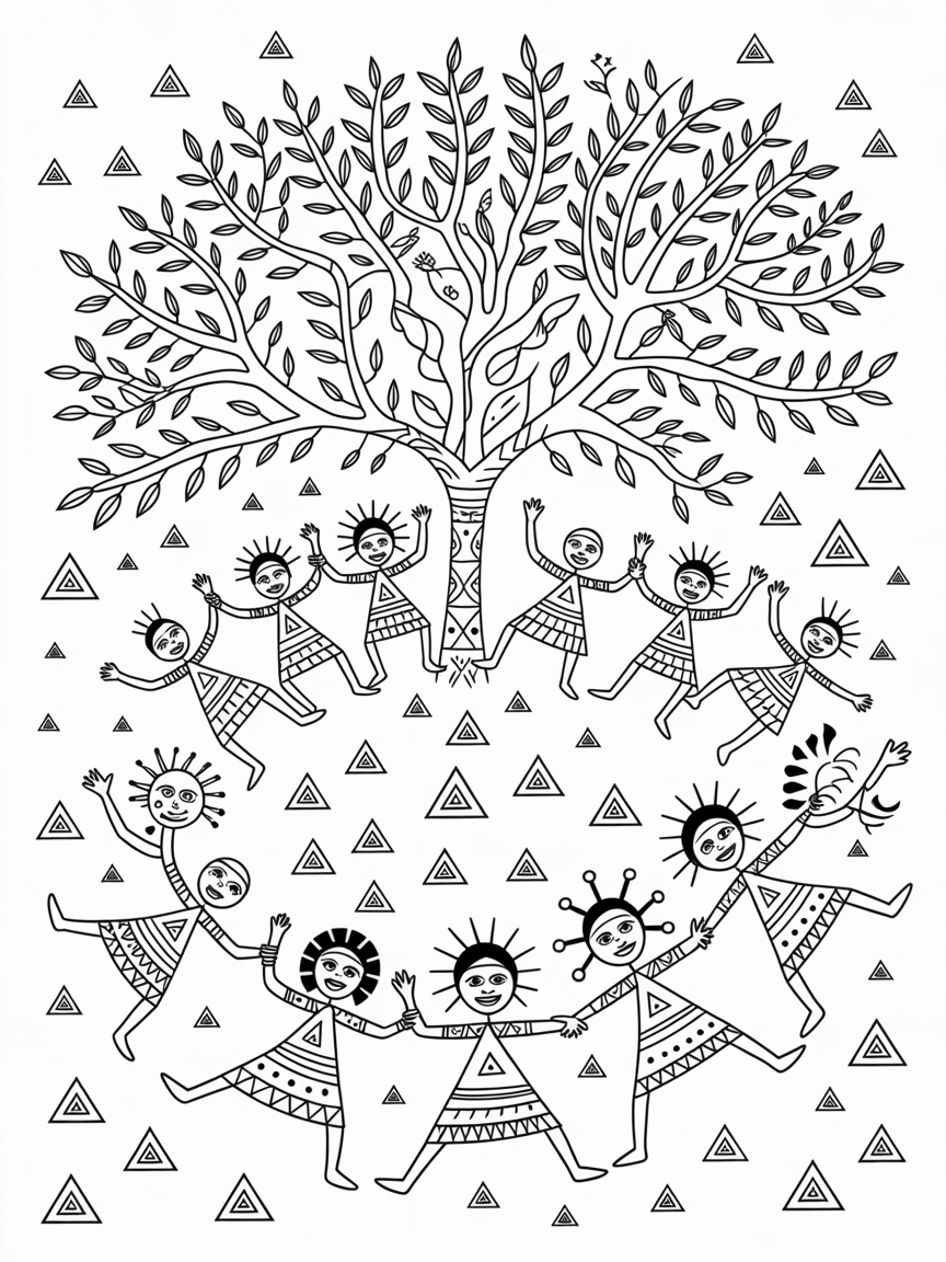 Warli-inspired cosmic dance around a sacred tree - Free Coloring Page