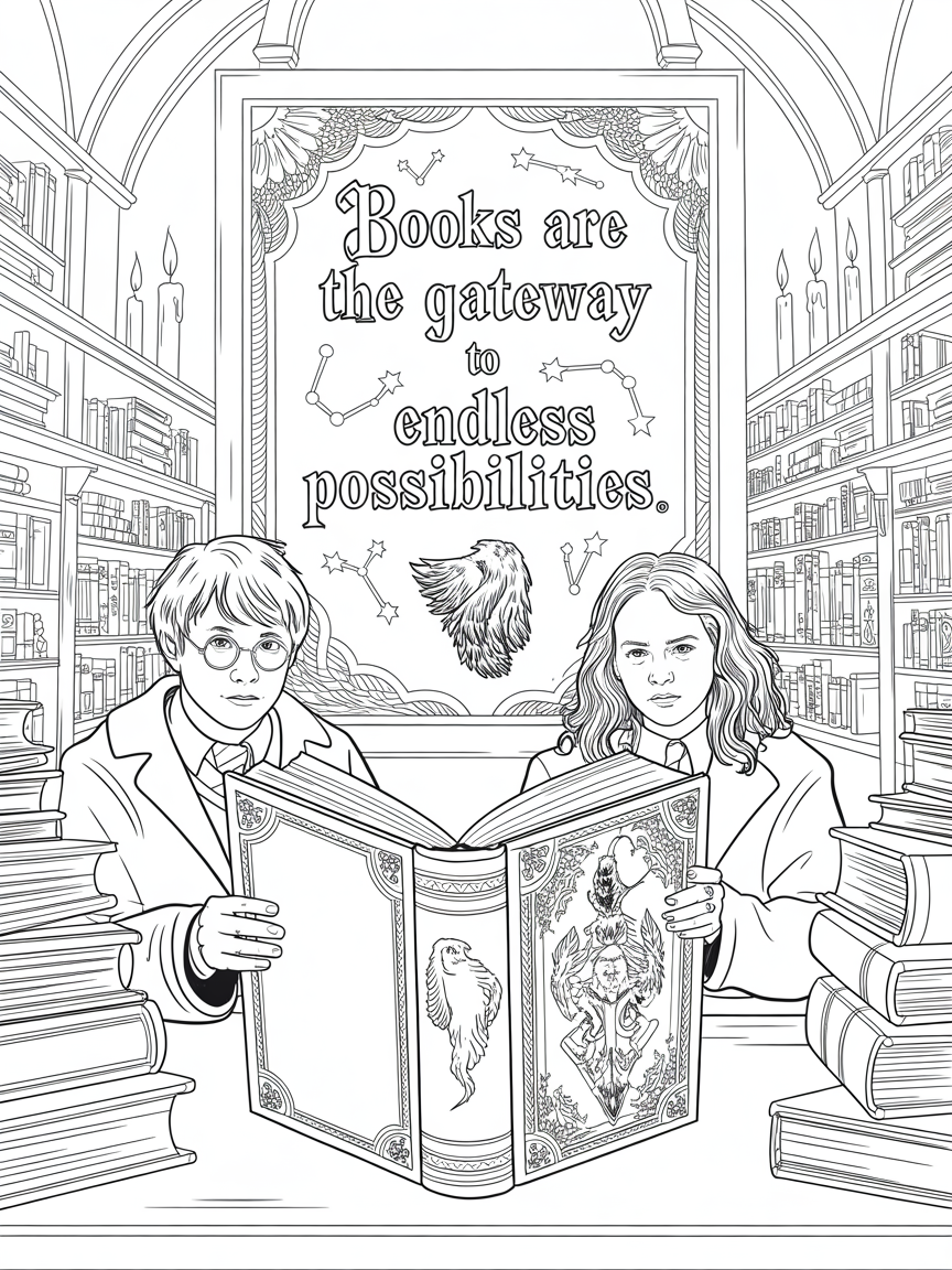 A ravenclaw themed poster of Harry potter, Ron without glasses and Hermione sitting in the center reading a book in Hogwarts library. A quote on books 