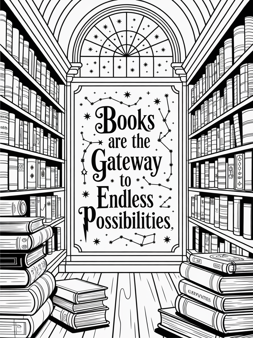 A poster of Hogwarts library. A quote on books 
