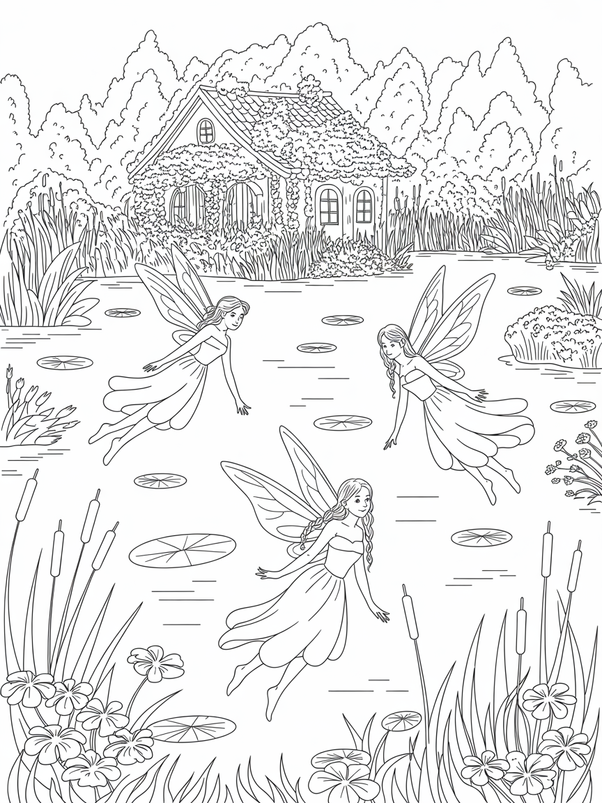 slightly complex drawing of fairies floating in a tropical marsh area with a house in the background - Free Coloring Page