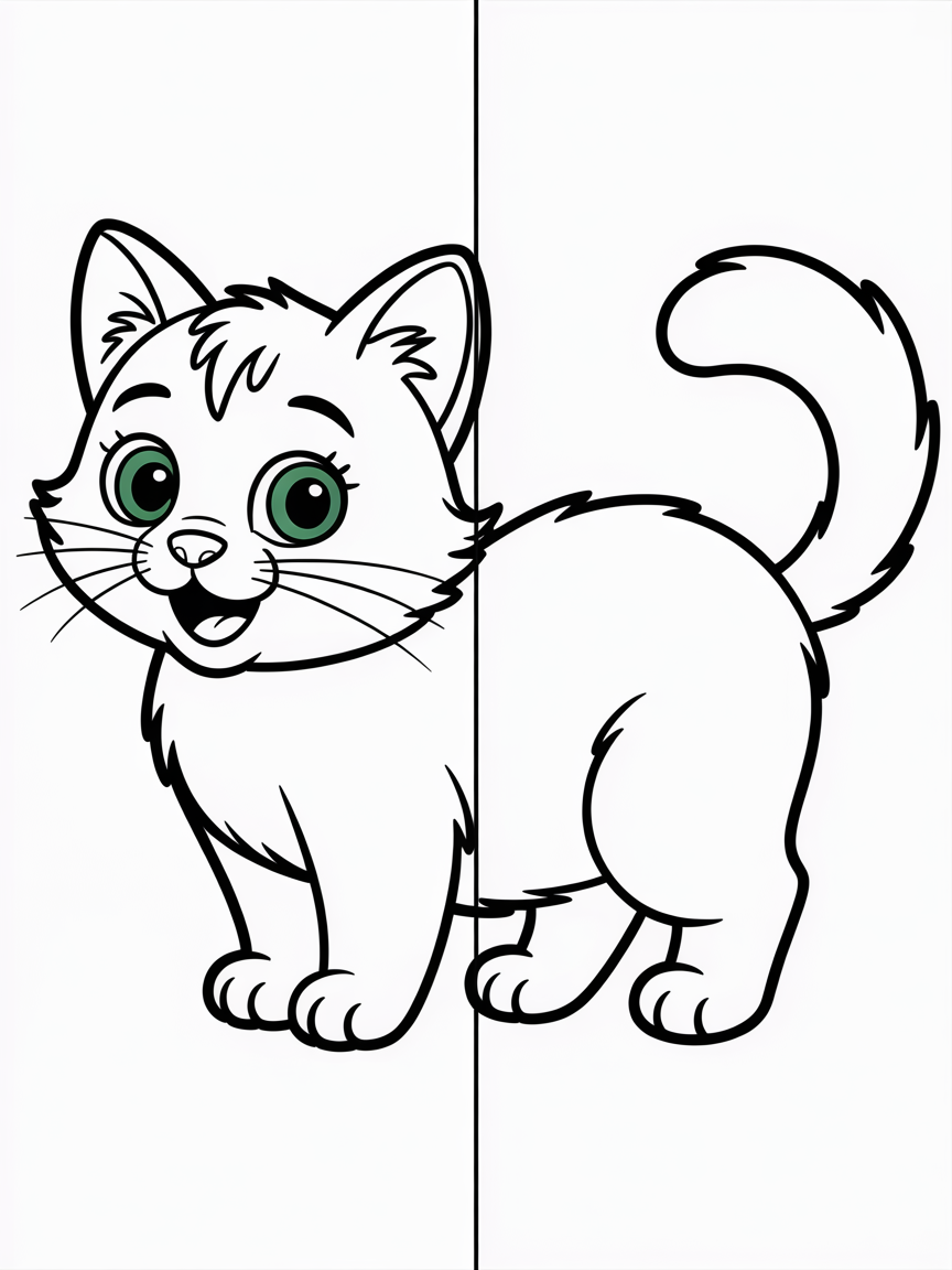 generate an image with a coloured illustration of 'cat' on the left side, and the same illustration in a black and white outline on the right side. Include additional details like expressive eyes, detailed fur, and a playful tail to enhance the image. both sections should have a white background. - Free Coloring Page
