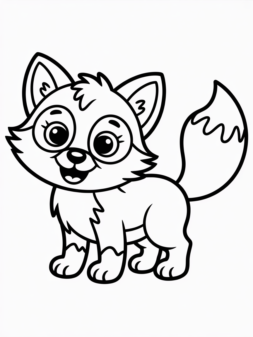 generate an image with a coloured illustration of 'fox' on the left side, and the same illustration in a black and white outline on the right side. Include additional details like expressive eyes, detailed fur, and a playful tail to enhance the image. both sections should have a white background. - Free Coloring Page