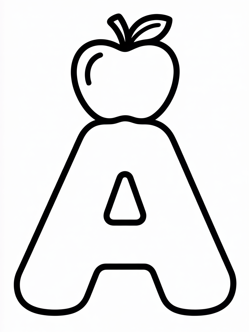 generate an image with capital font A with apple - Free Coloring Page