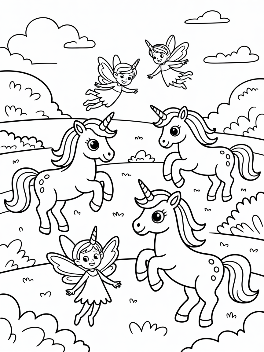 Unicorns and fairy’s - Free Coloring Page