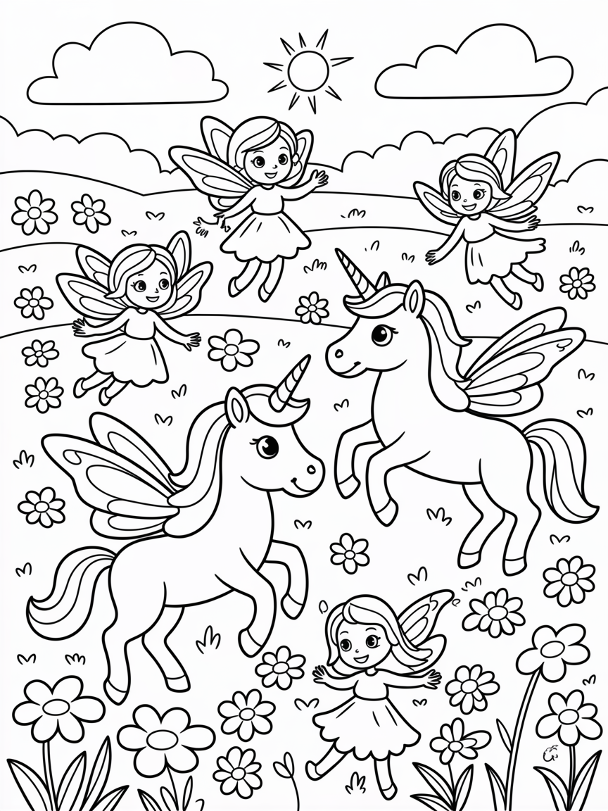Fairy’s and unicorns - Free Coloring Page