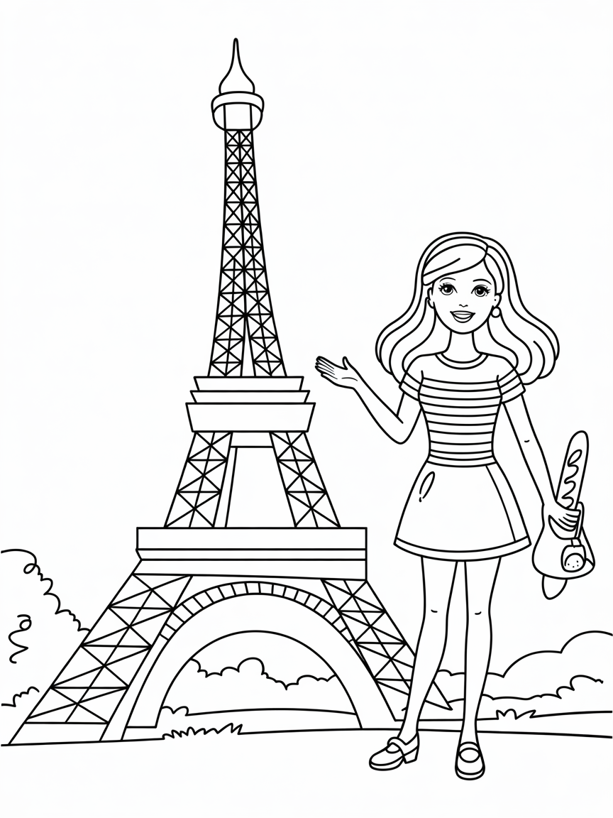 Barbie visiting France - Free Coloring Page