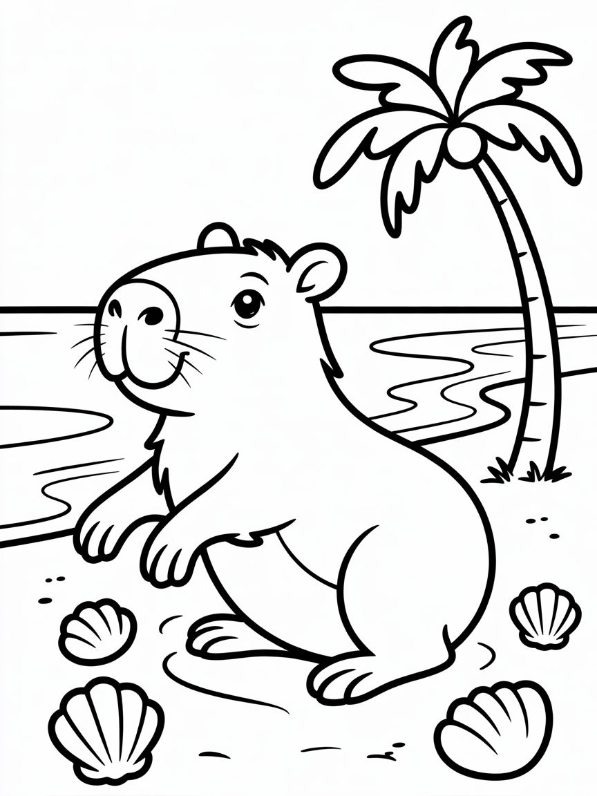 cute capybara on the beach - Free Coloring Page