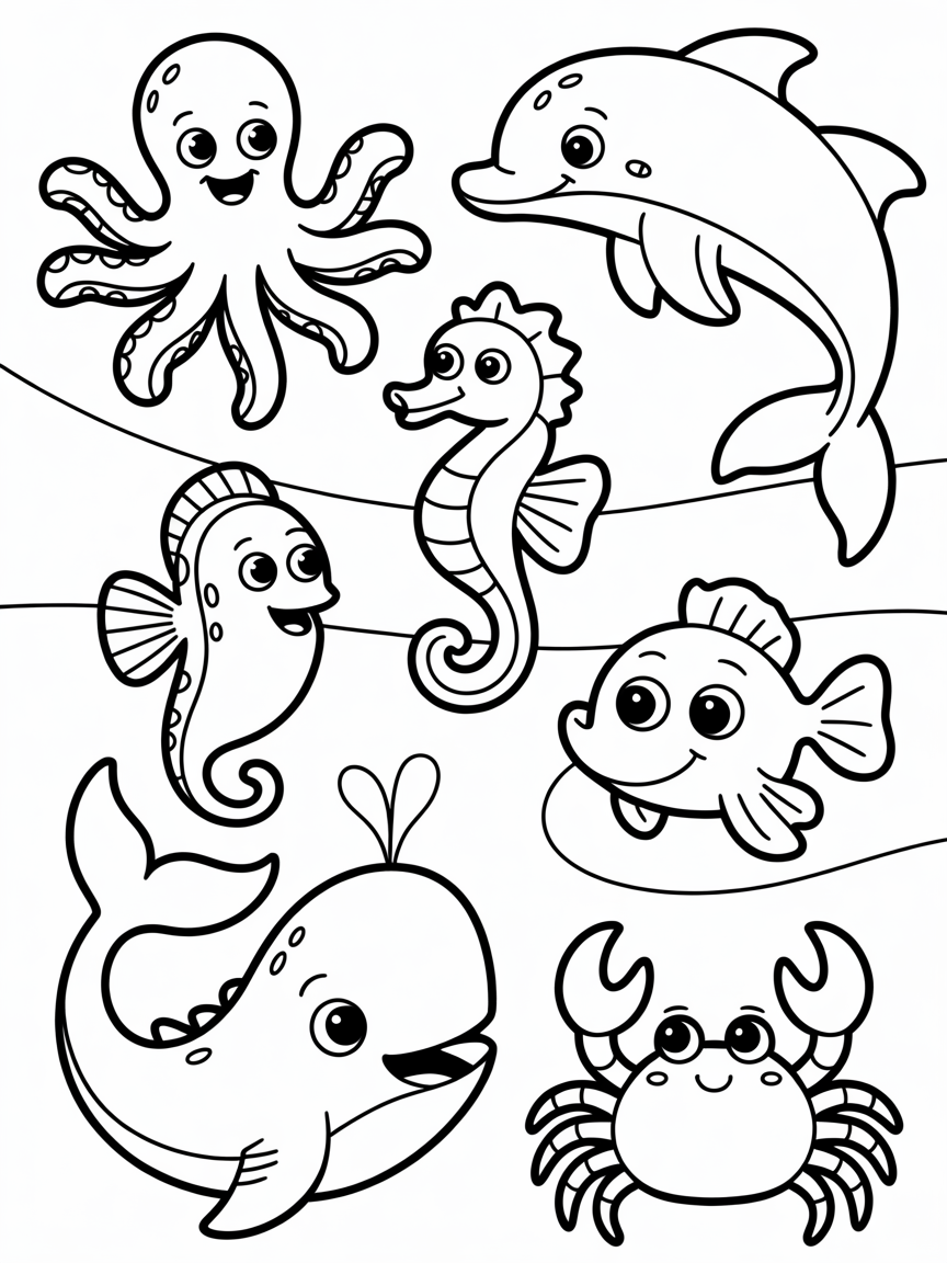 sea animals no color no shades - Free Coloring Page