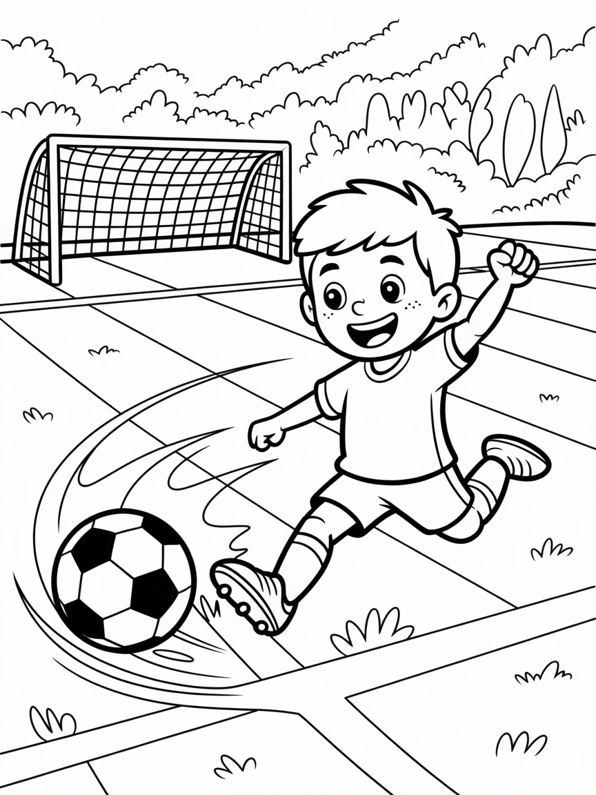 Soccer player scoring a goal - Free Coloring Page