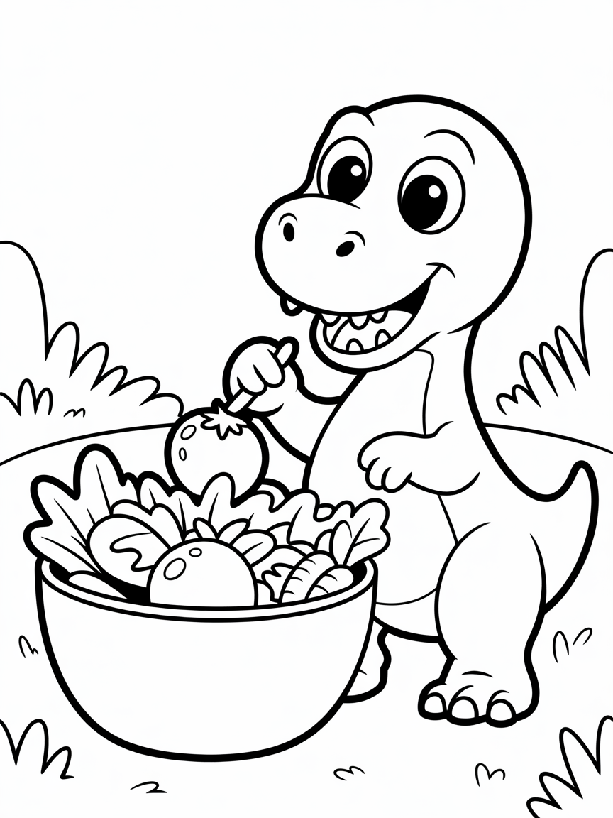 Dino eating salad - Free Coloring Page