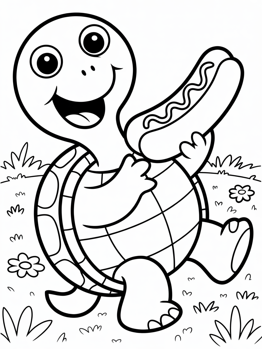 Turtle eating corndogs - Free Coloring Page