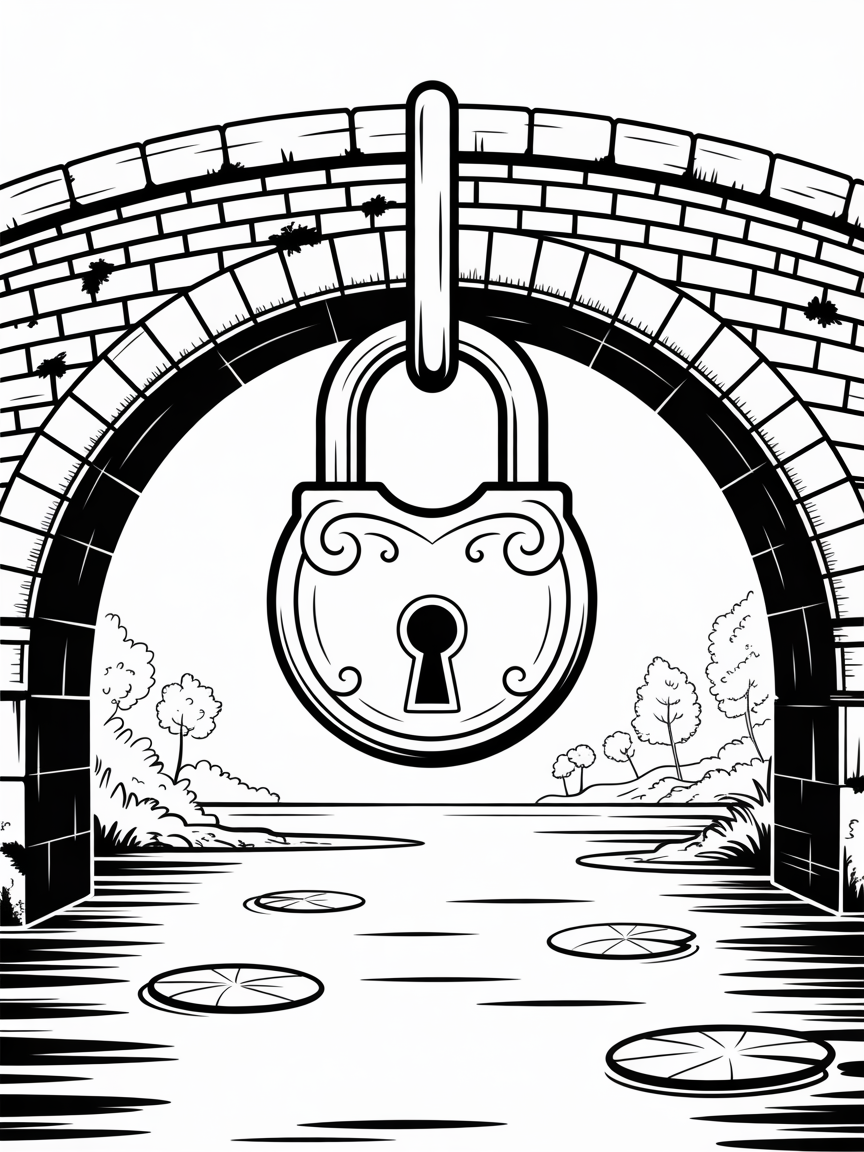 lock on bridge - Free Coloring Page