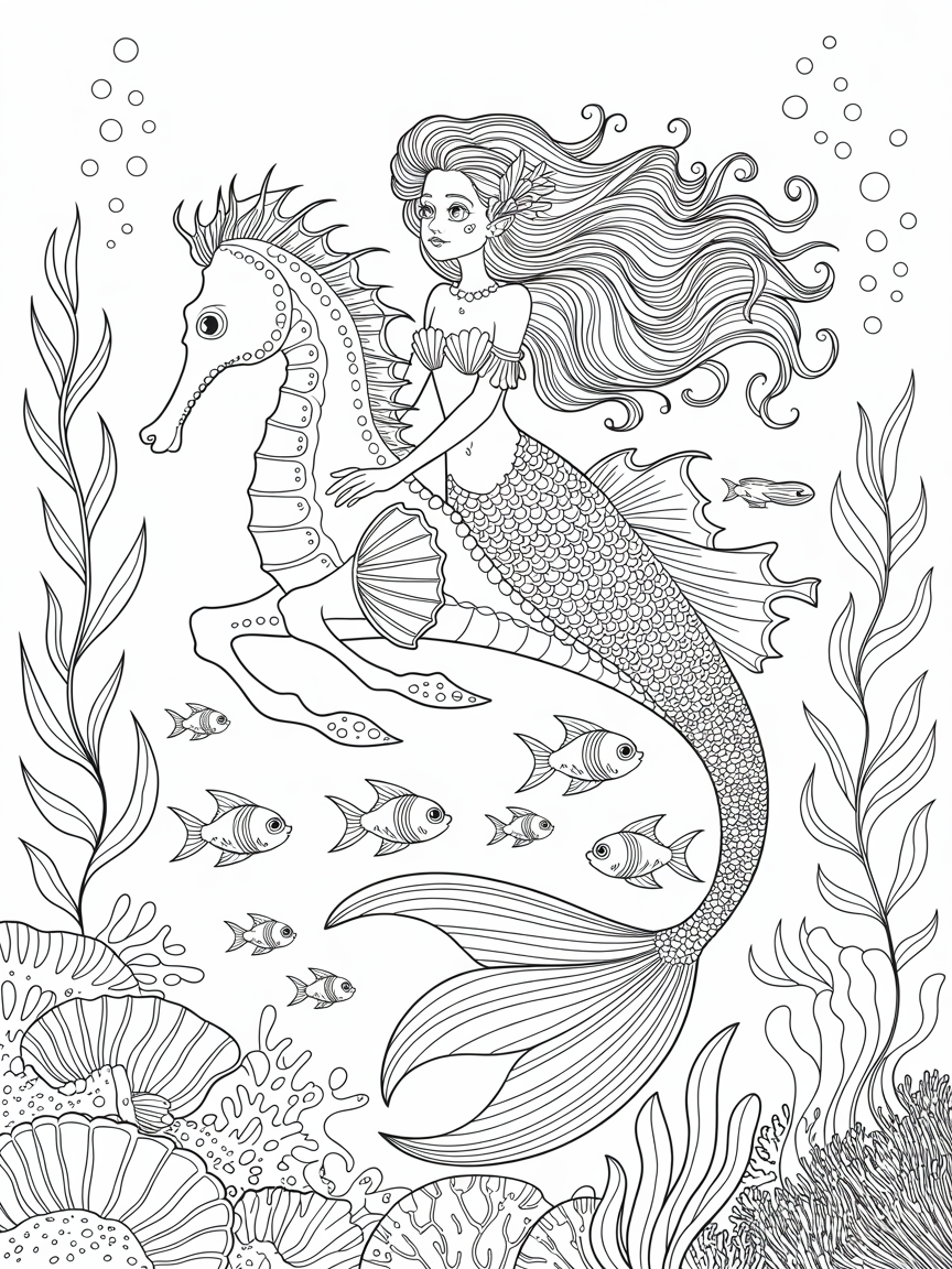 Mermaid riding a seahorse - Free Coloring Page