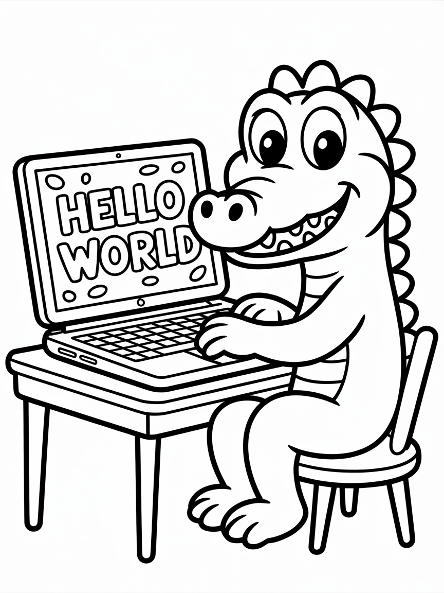 a crocodile working on a computer - Free Coloring Page