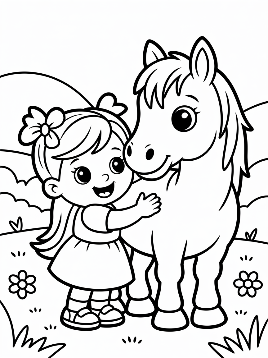 a toddler girl with a horse - Free Coloring Page
