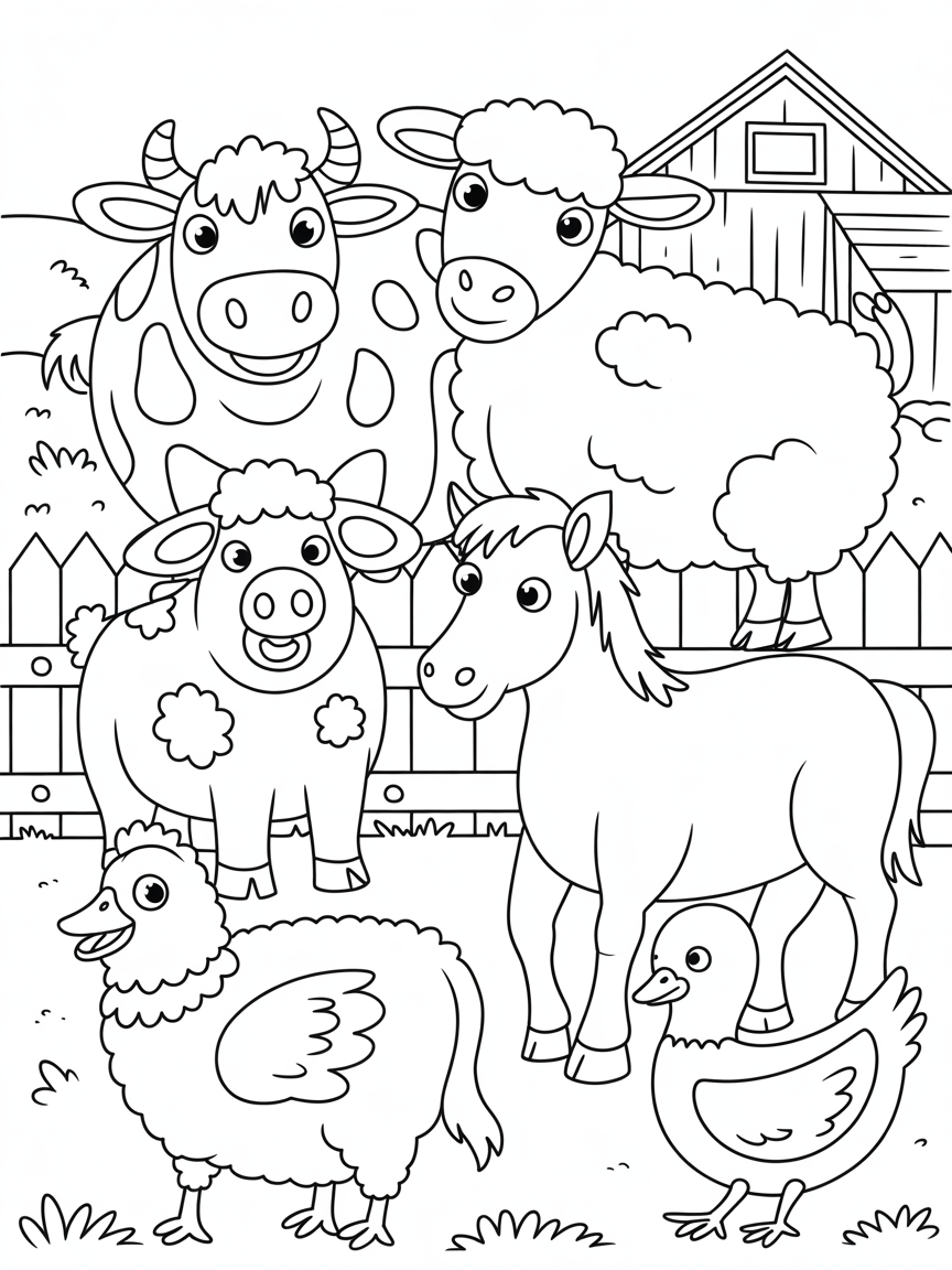Farm animals in a big farm - Free Coloring Page