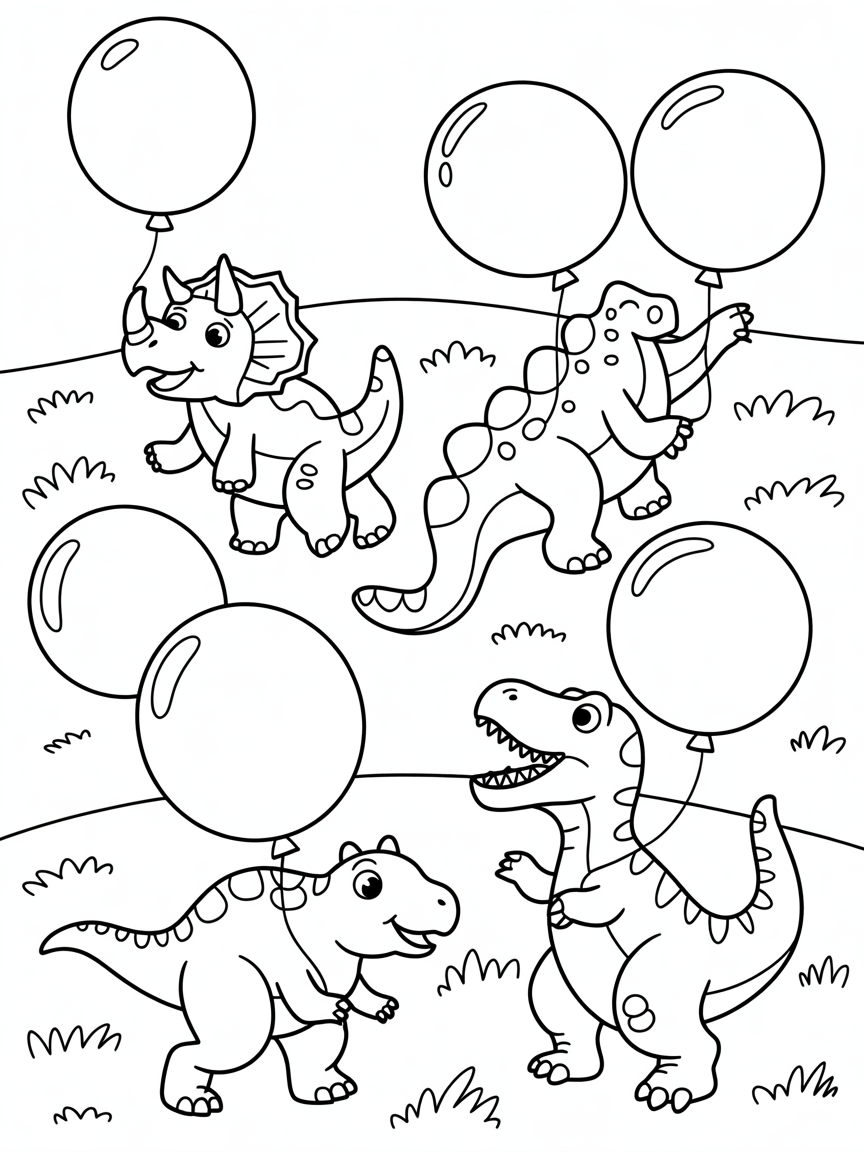 DINOSAURS WITH BALLON - Free Coloring Page