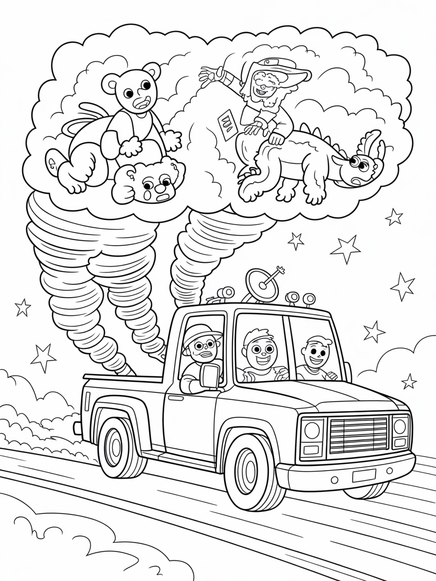 Tornado chasers riding colorful storm clouds - Free Coloring Page