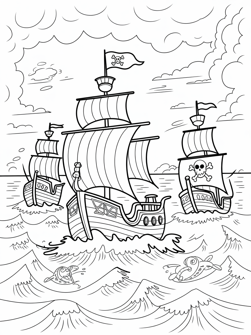 Stormy sea adventure with pirate wind ships - Free Coloring Page