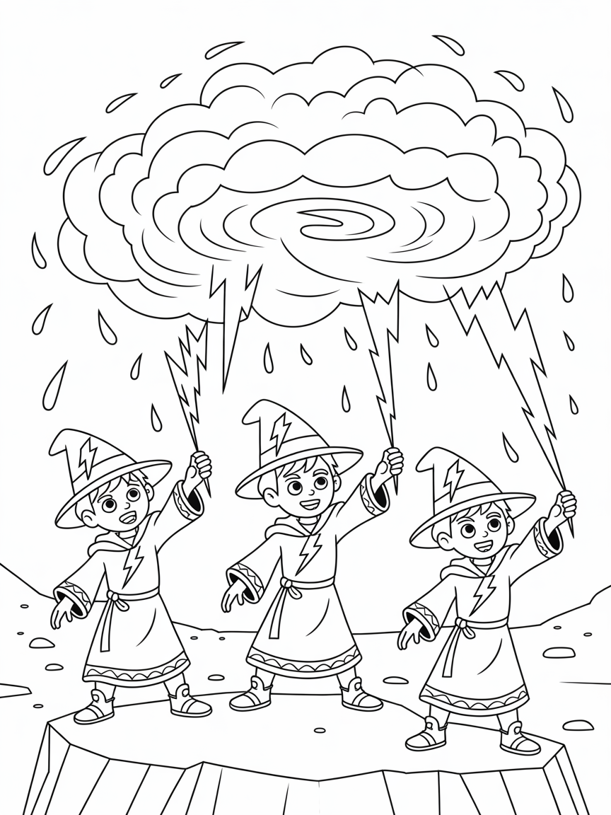 Lightning wizards controlling a swirling storm - Free Coloring Page