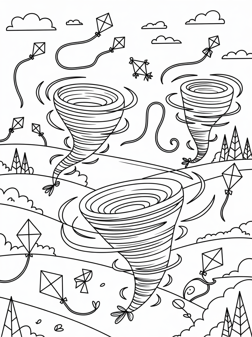 Playful tornadoes in a land of flying kites - Free Coloring Page