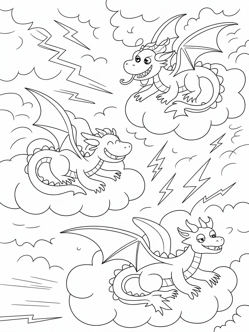 Stormy sky with cloud-surfing dragons - Free Coloring Page