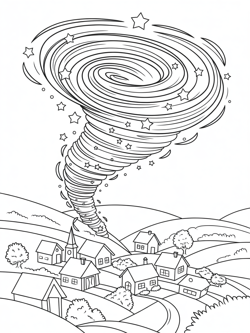 Tornado of twinkling stars over a sleepy village - Free Coloring Page