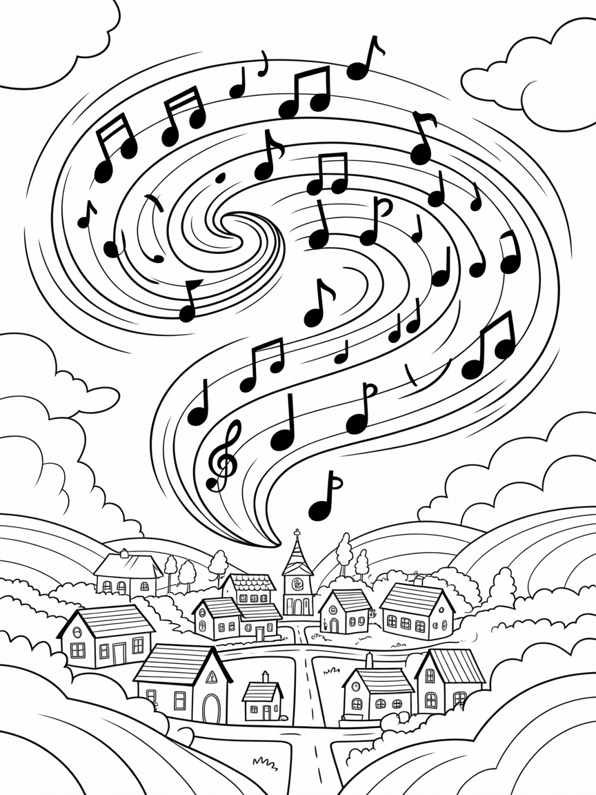 Spiral storm of musical notes over a sleepy town - Free Coloring Page