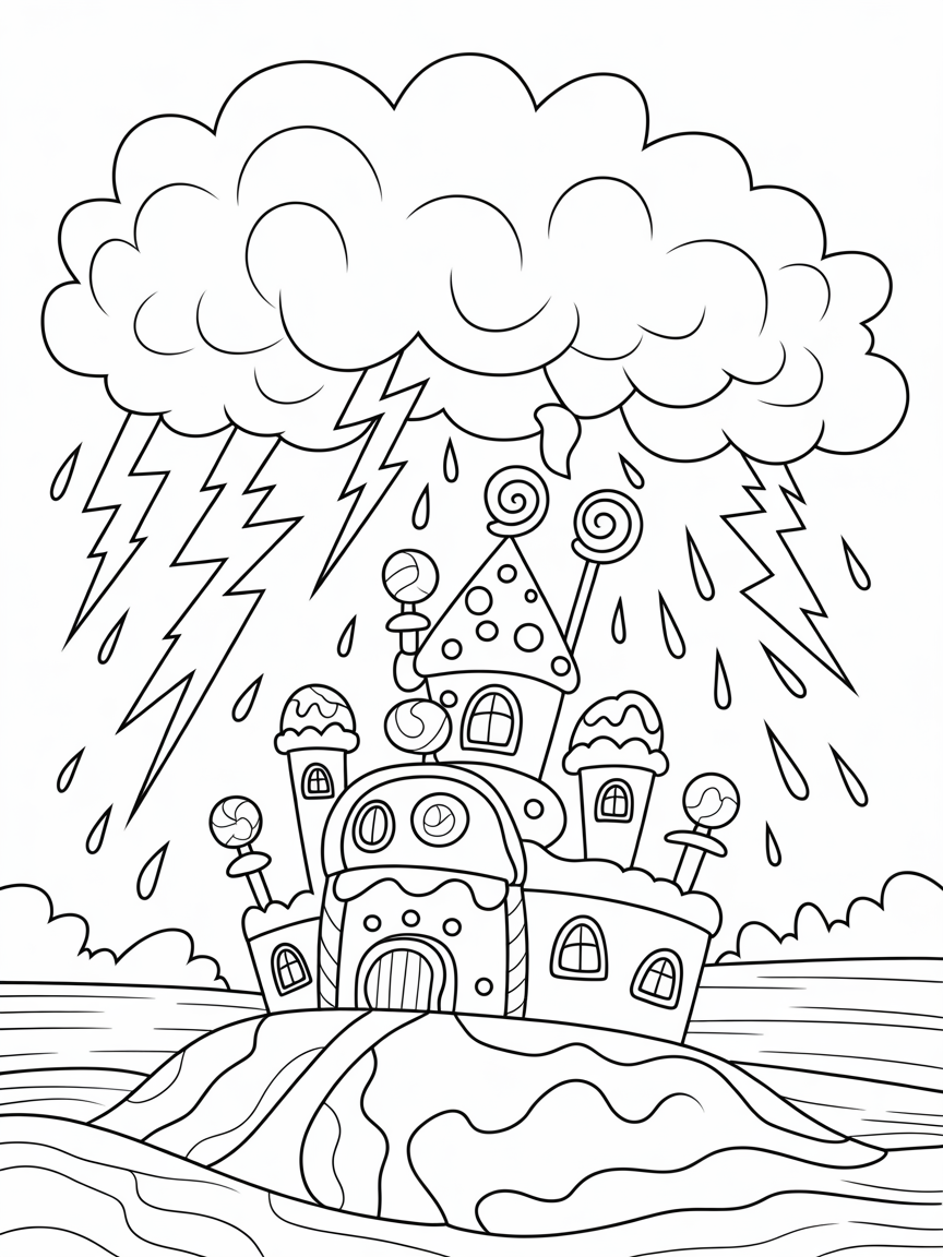 Magical storm over a candy-coated castle - Free Coloring Page