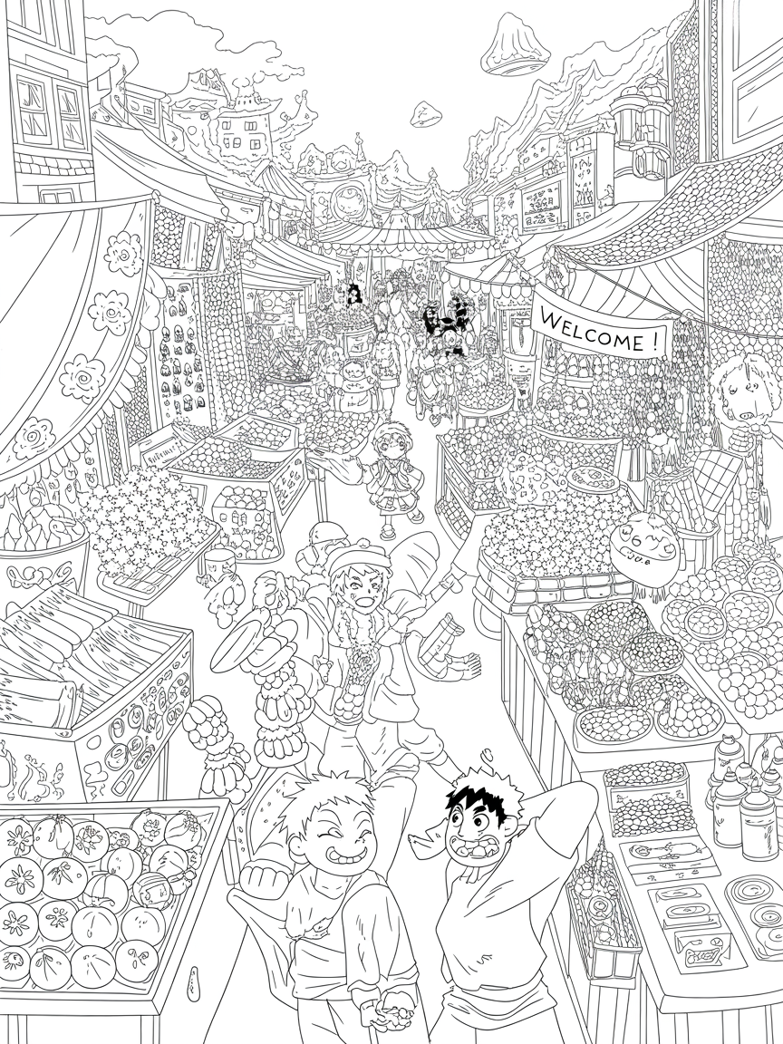 Create a story book of Anime/Manga Style theme coloring pages in different setting and perspective. Output should be 10 pages in high resolution PNG file - Free Coloring Page