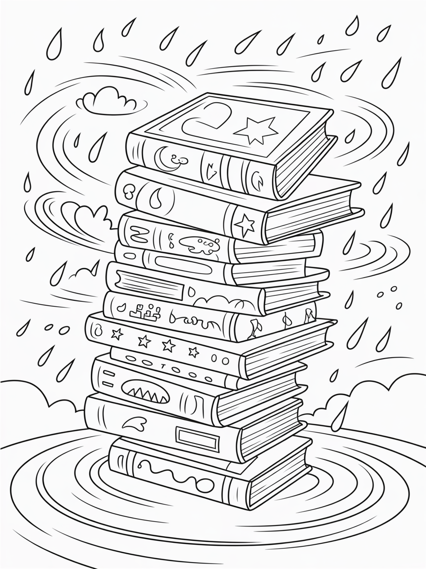 Spiral of storybooks in a whimsical storm - Free Coloring Page