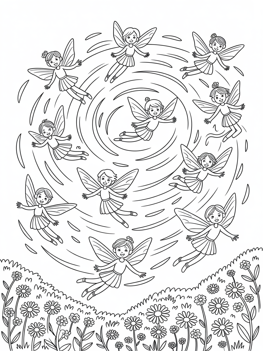 Cyclone of magical spinning fairies over meadow - Free Coloring Page