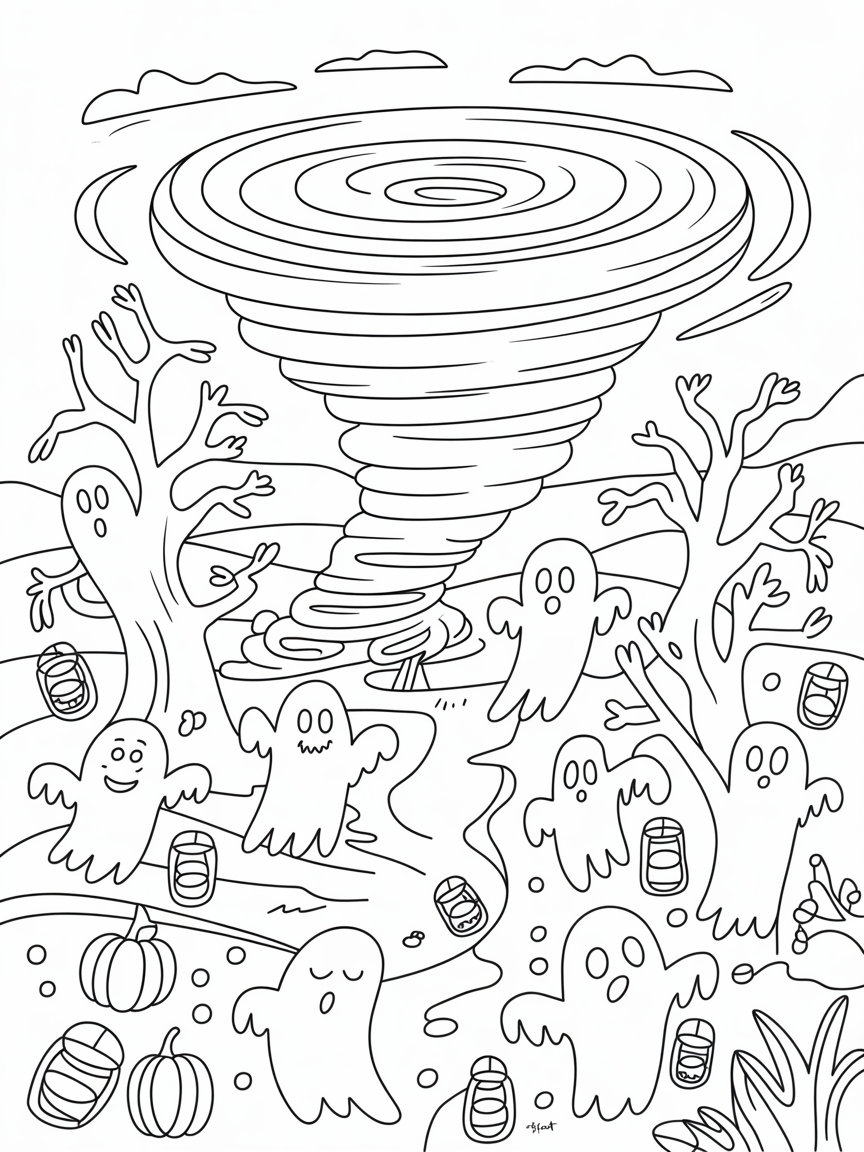 Hurricane of friendly ghosts playing in a haunted forest - Free Coloring Page