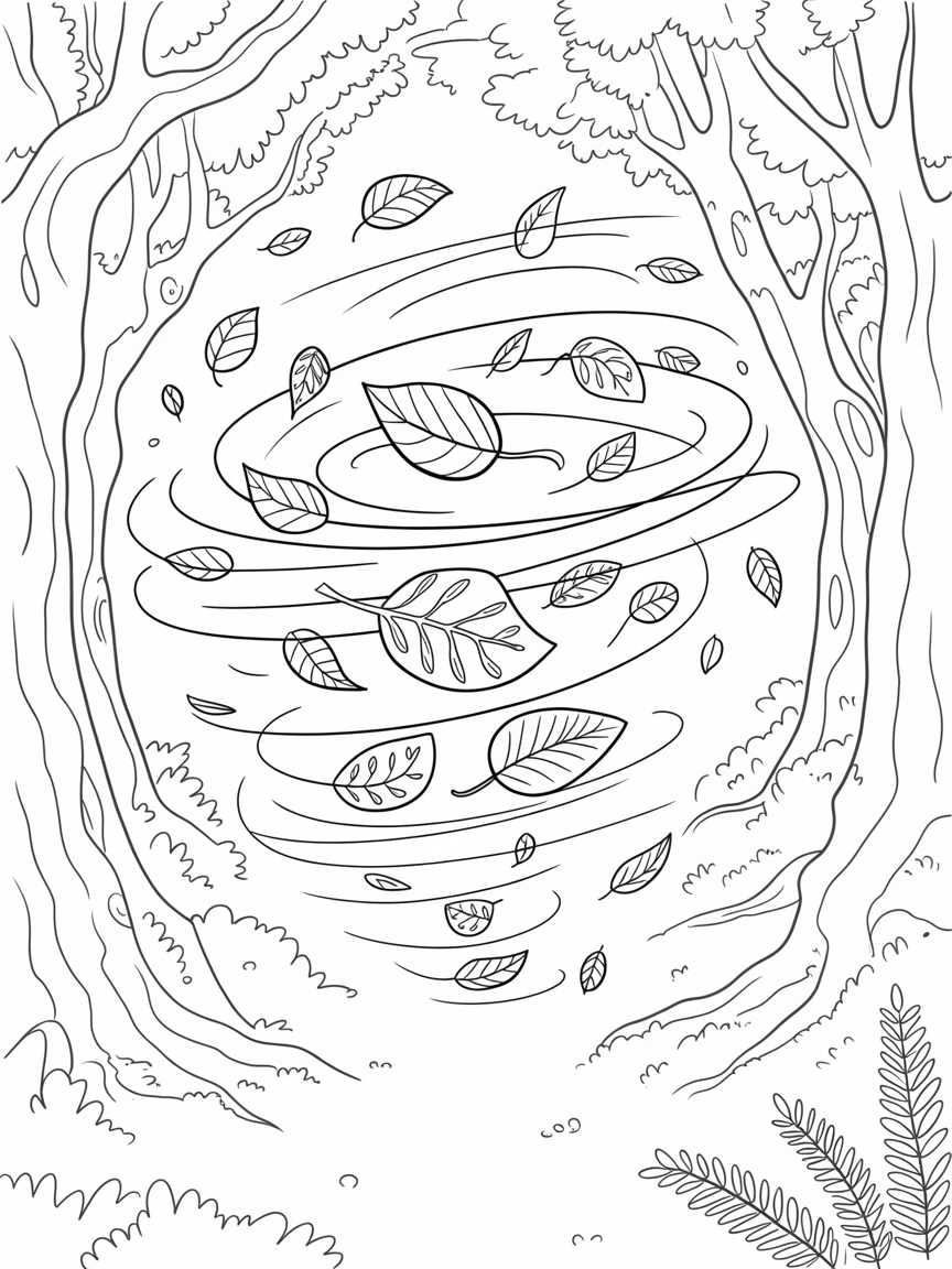 Whirlwind of enchanted leaves in an ancient grove - Free Coloring Page
