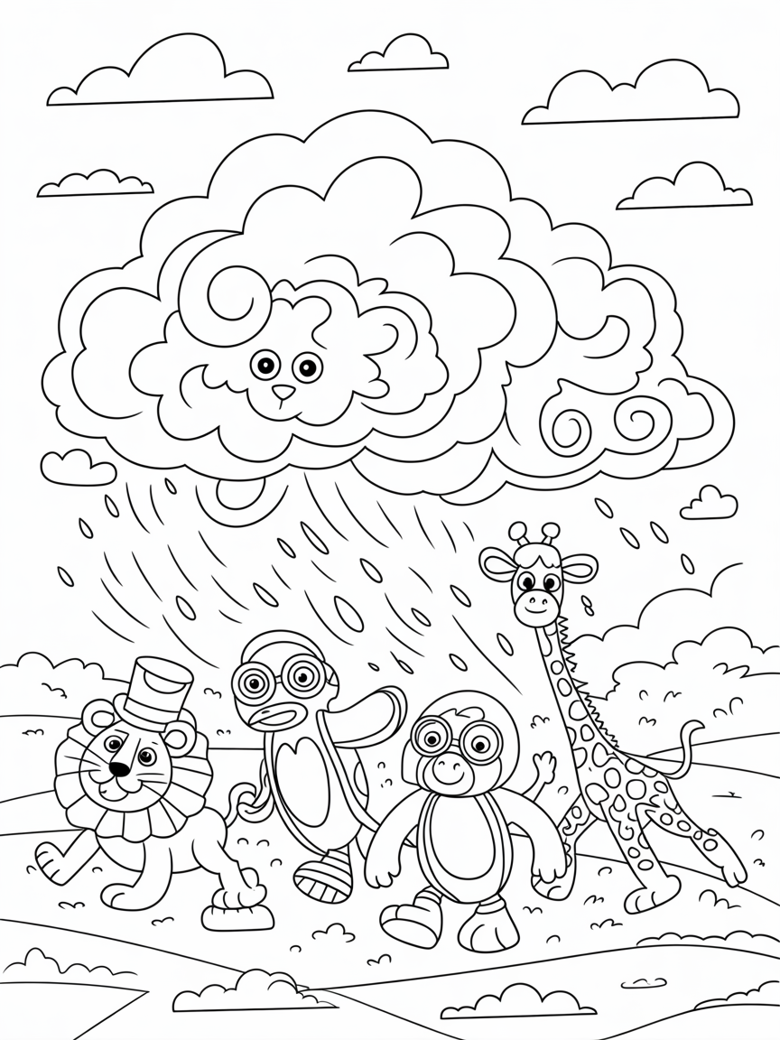 Storm clouds forming a fantastical animal parade - Free Coloring Page
