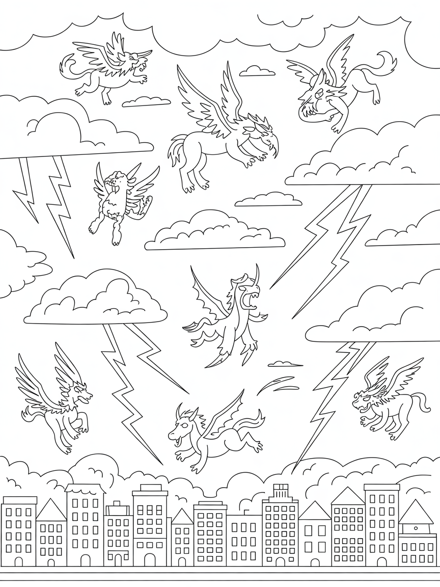 Lightning flashes revealing mythical creatures over a cityscape - Free Coloring Page