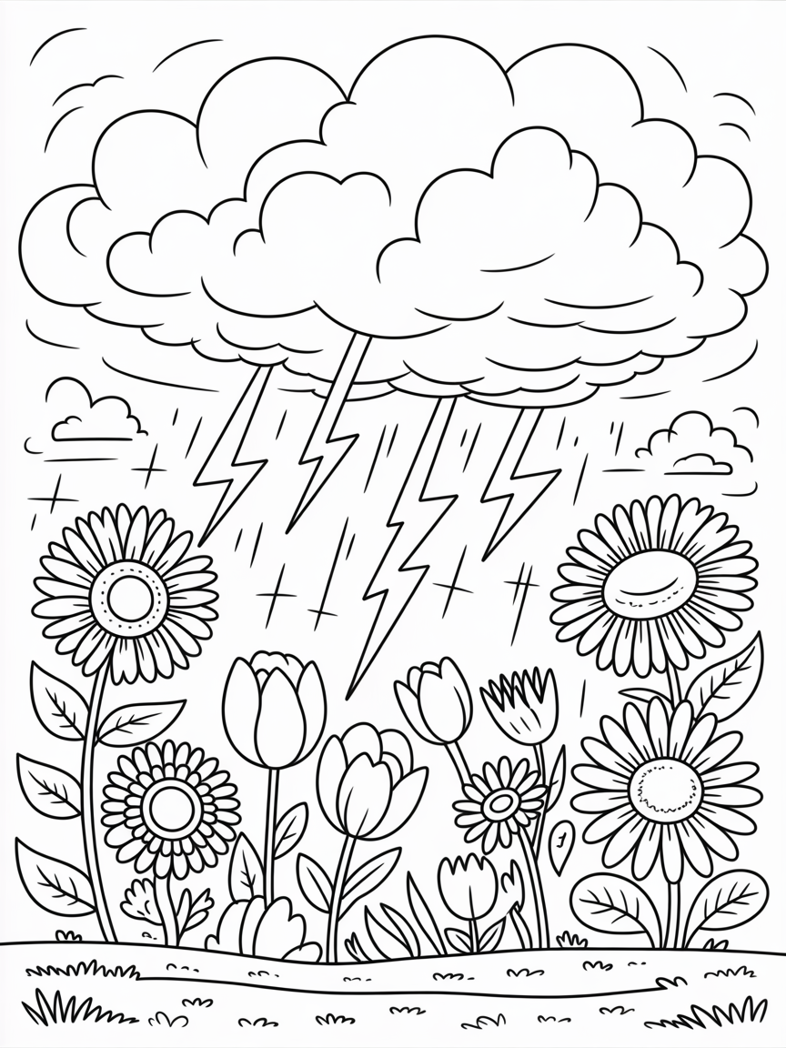 Thunderous storm sweeping through a land of giant flowers - Free Coloring Page