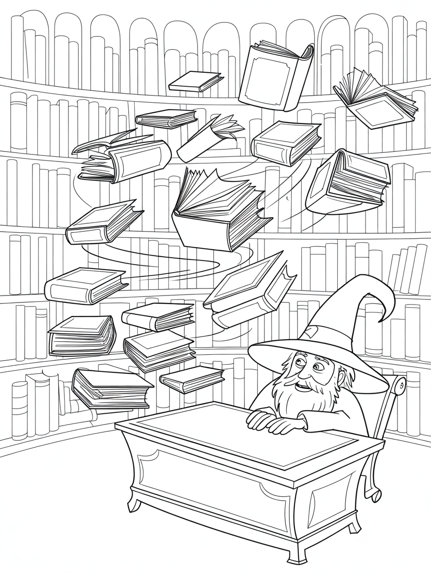 Cyclone of flying books in a wizard's library - Free Coloring Page