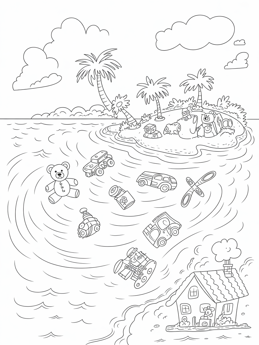 Blustery storm carrying lost toys to a magical island - Free Coloring Page