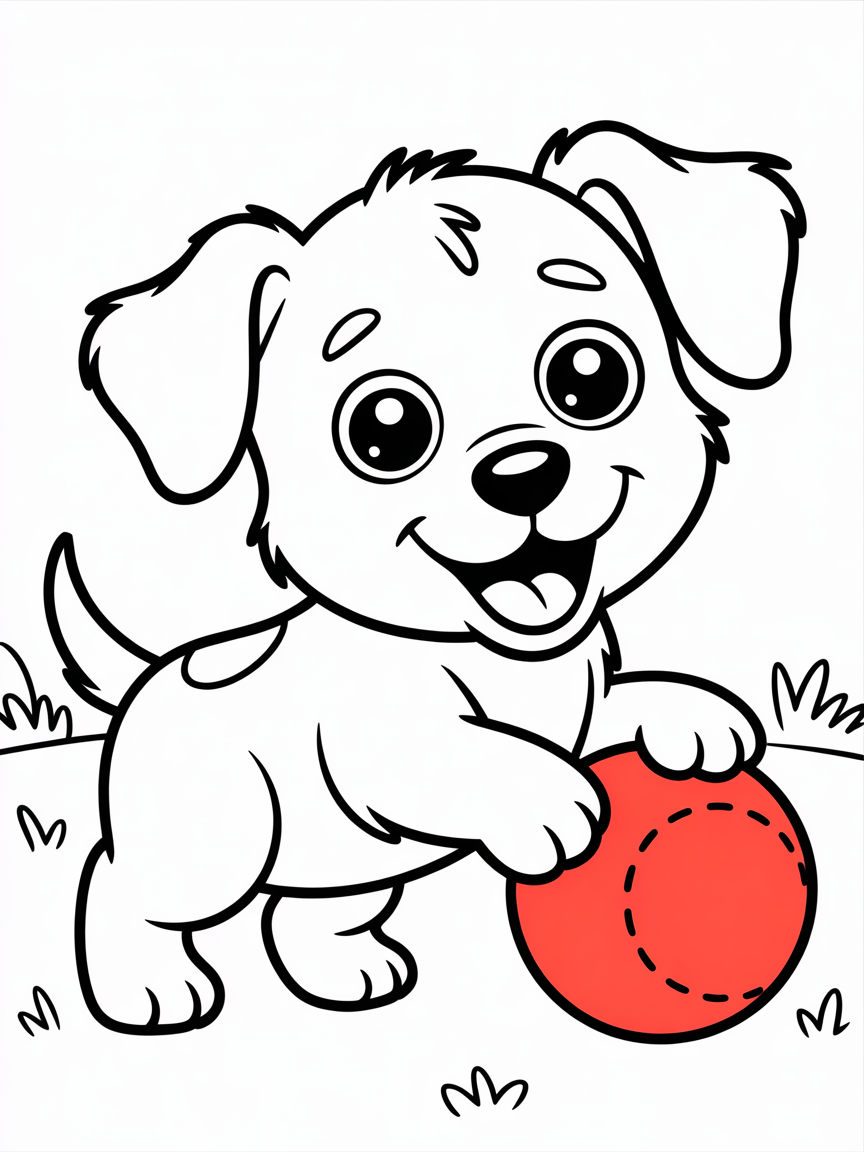 cute puppy playing with a ball - Free Coloring Page