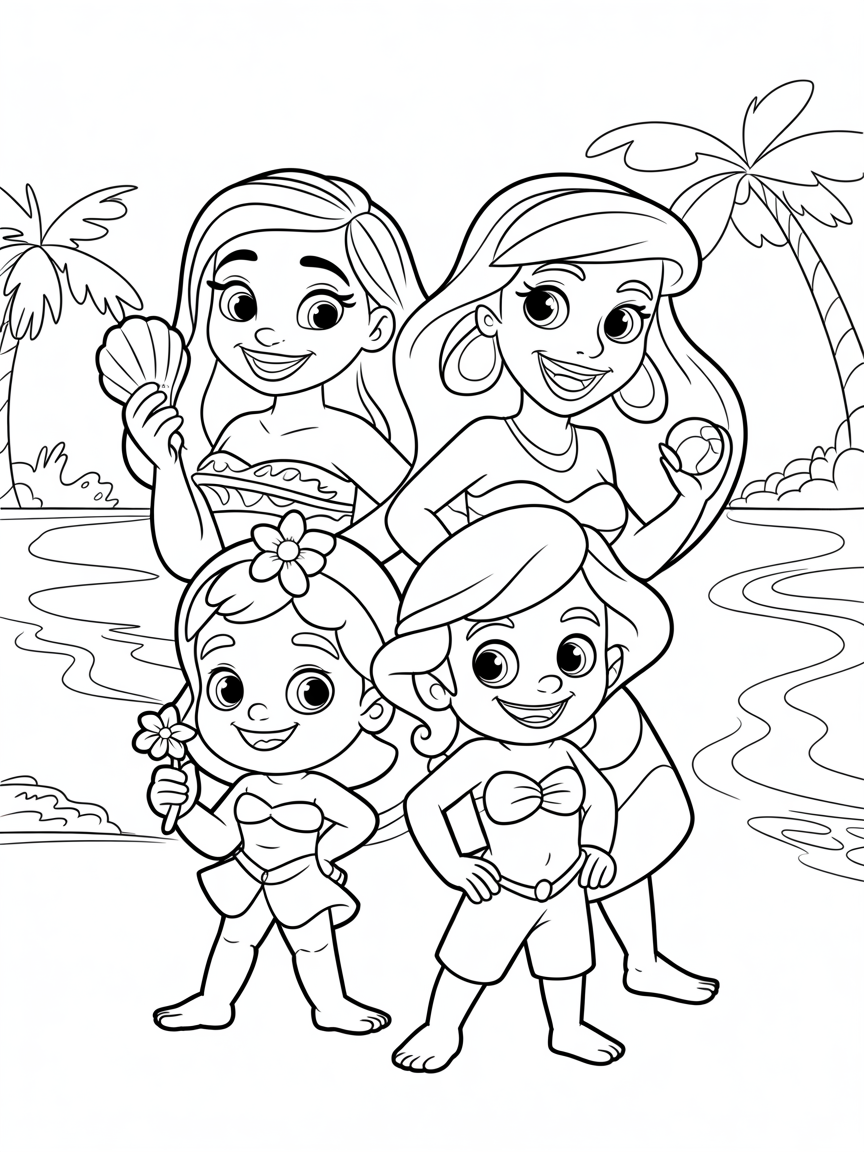 Moana, Ariel, Jasmin, Bluey - Free Coloring Page