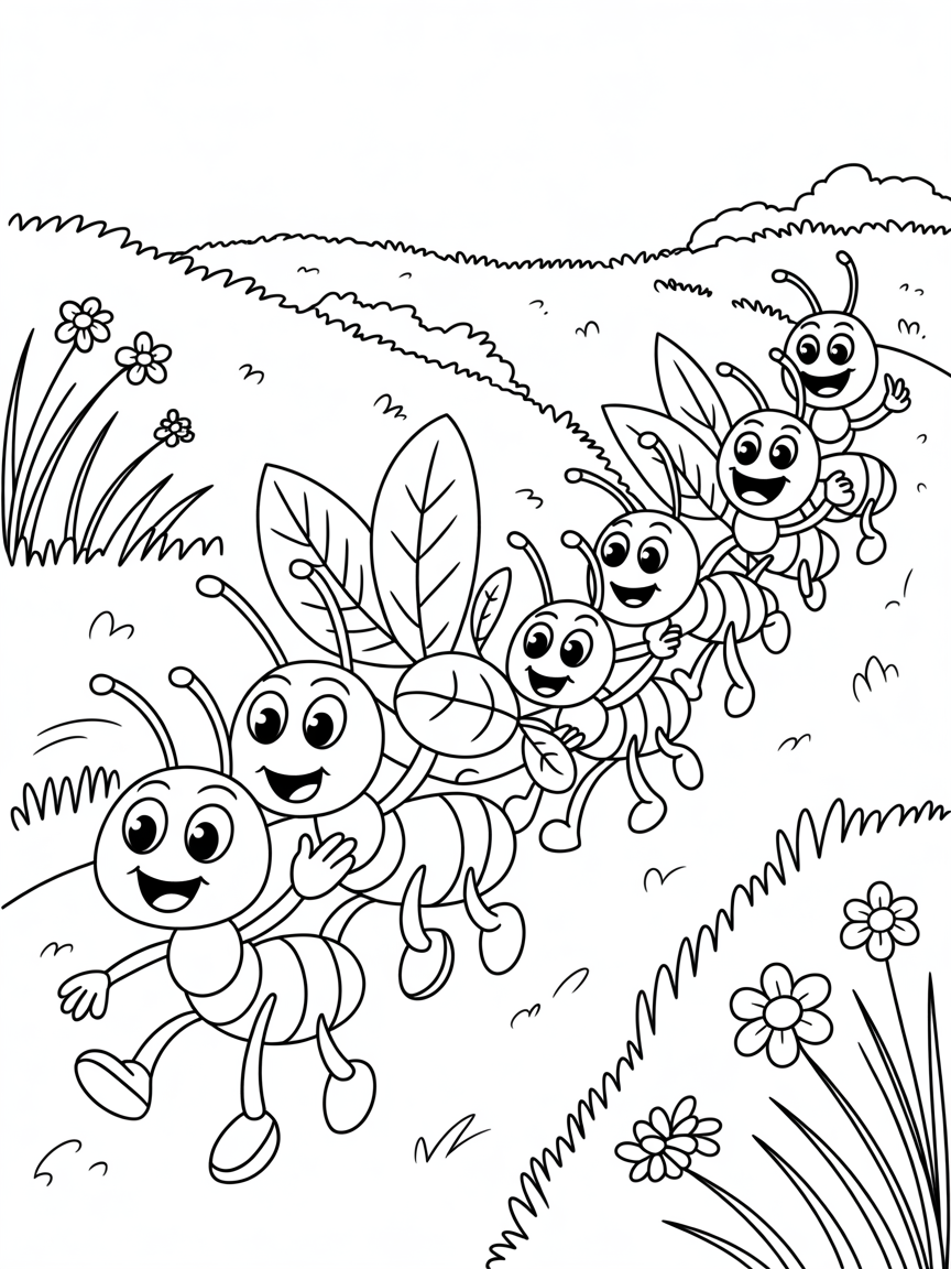 Ants on parade with their harvest - Free Coloring Page