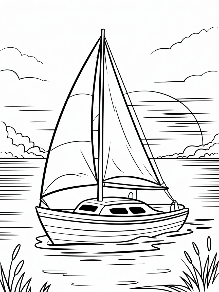 Boat on water at sunset - Free Coloring Page