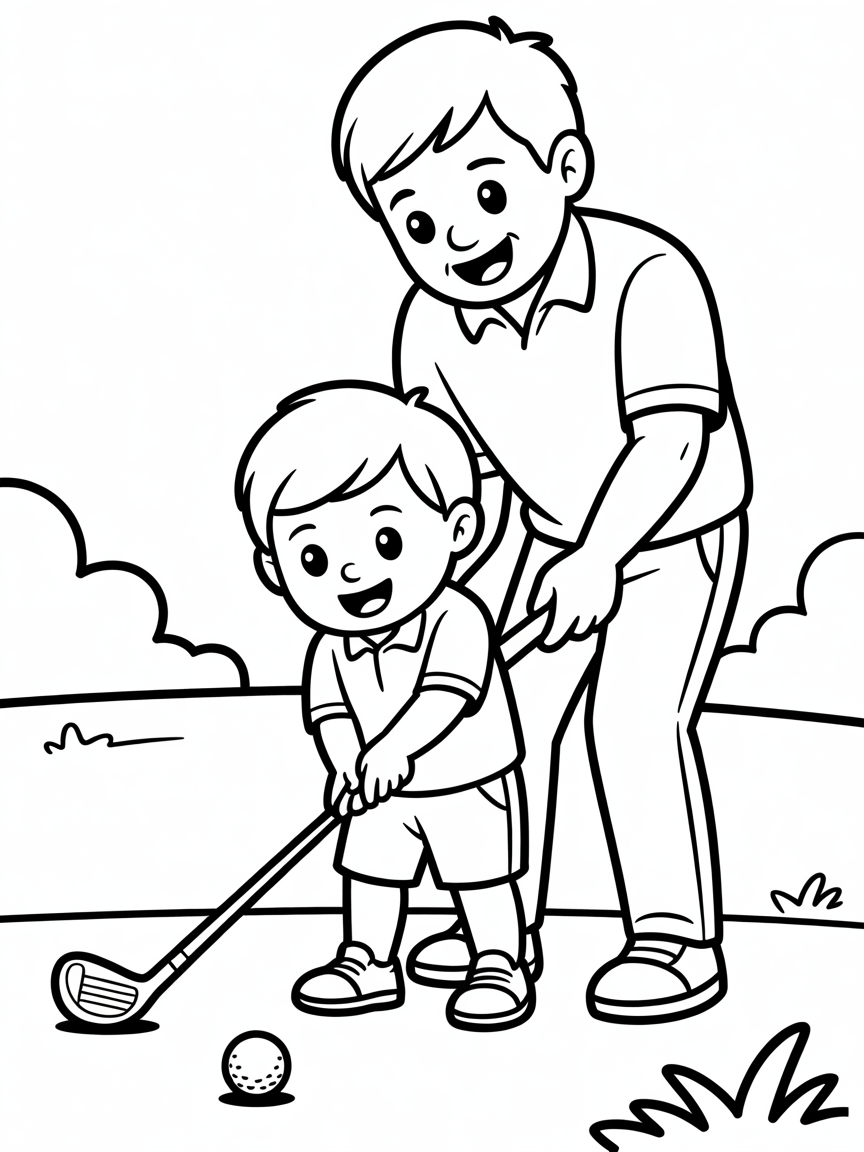 Kid playing golf with his dad - Free Coloring Page