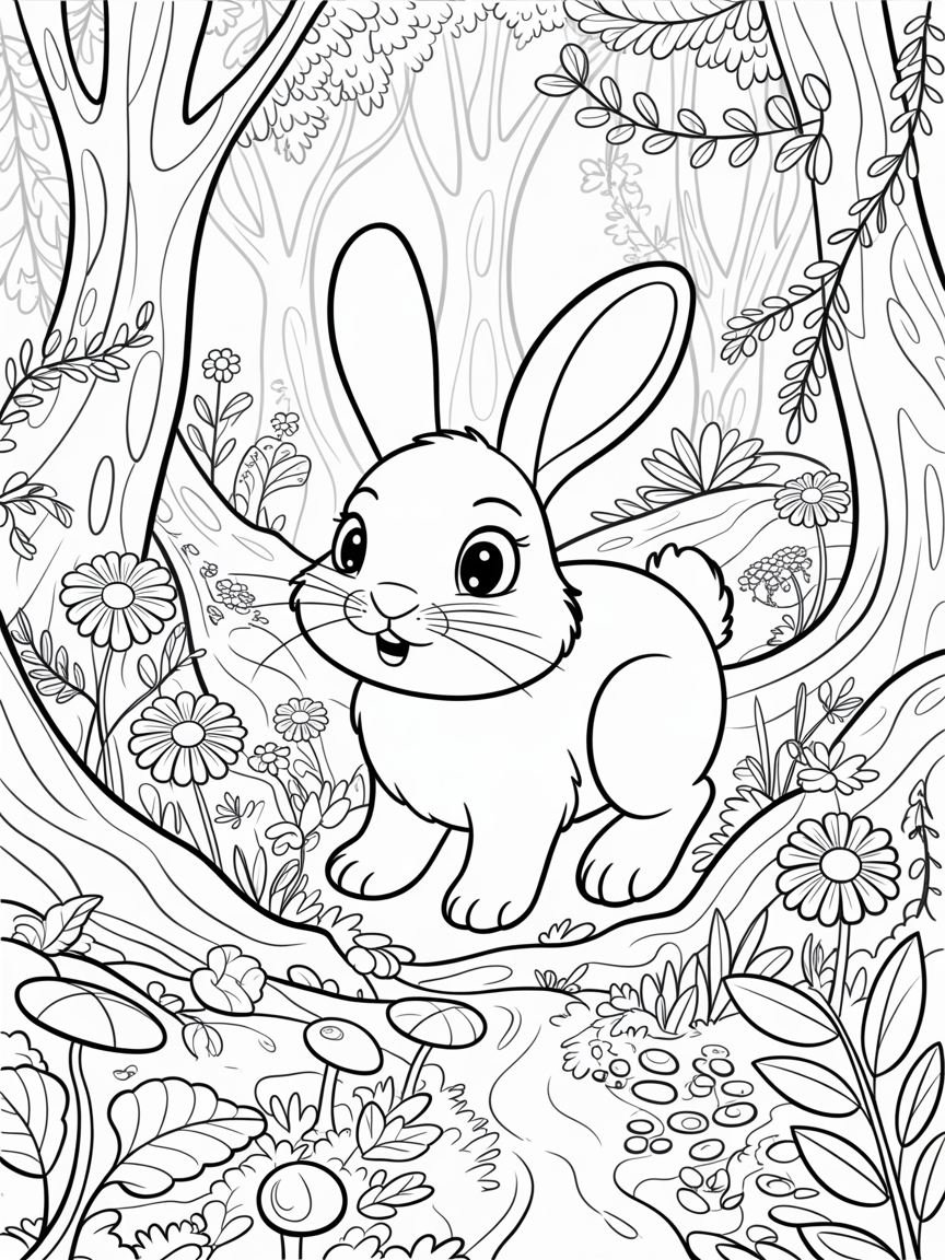 I want to create a colouring page for kid to learn about emotion, give me an image with a bunny who looked curious in the forest - Free Coloring Page