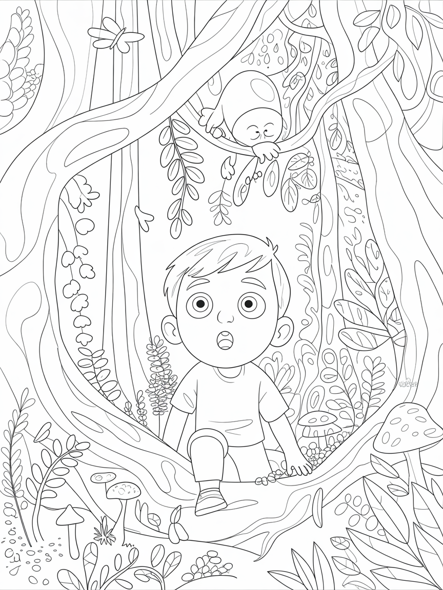 I want to create a colouring page for kid to learn about emotion, give me an image with a boy who looked curious in the forest - Free Coloring Page