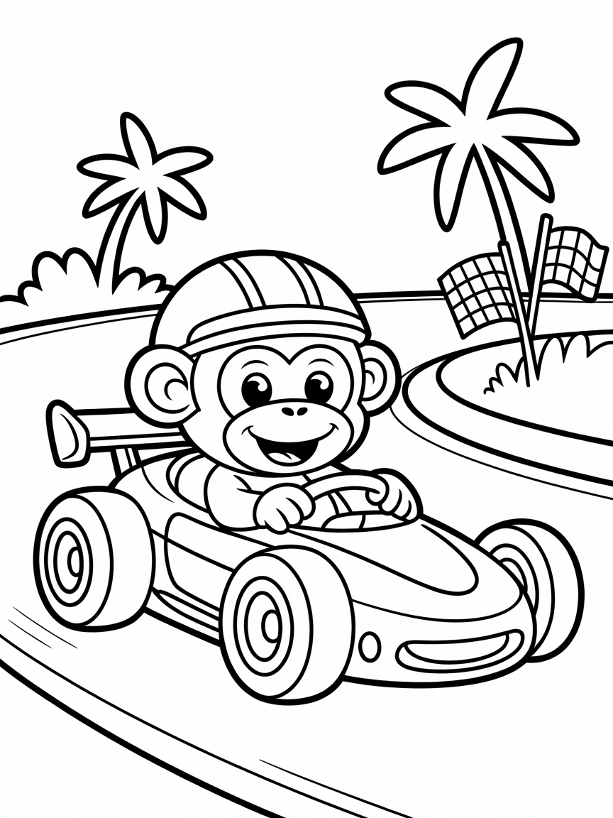 Monkey driving a racecar - Free Coloring Page