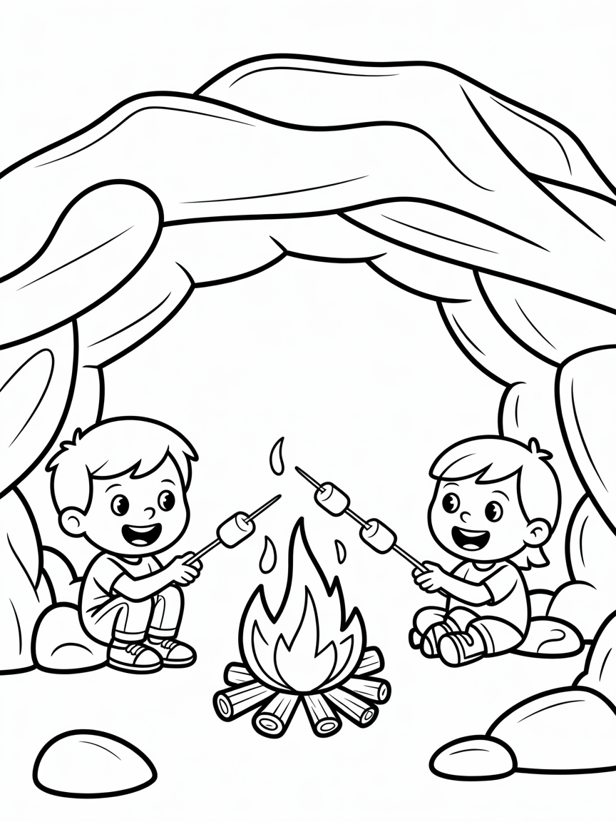 Camping in a cave - Free Coloring Page